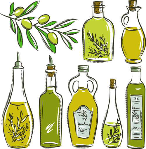Oliven und Olivenöl handgezogener Vektor Olivenöl Hand gezeichnet   