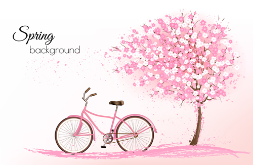 Arbre Rose avec le vecteur de fond de printemps de vélo 02 vélo rose printemps   
