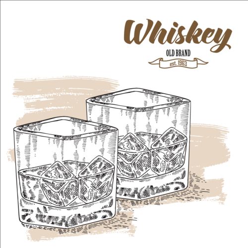 Whisky avec verre tasse dessiné à la main vecteur 02 whisky verre main dessiné   