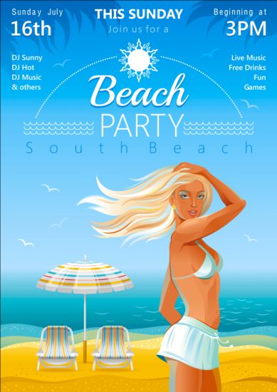 Affiche de fête de plage avec belle fille vecteur 02 Fille Belle beach party affiche   