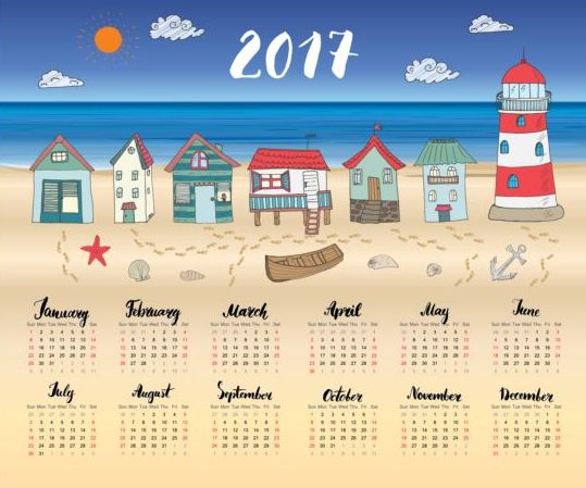 Kalender 2017 mit Strandhaus-Vektor 01 Strand Kalender Haus 2017   