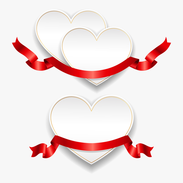 Ruban rouge avec coeur cartes vecteur ensemble 05 ruban rouge coeur cartes   