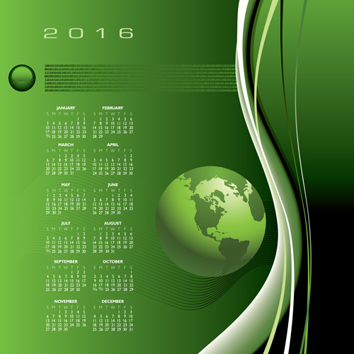 2016 calendrier avec Globe vert vecteur 01 vert calendrier 2016   