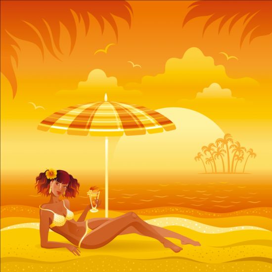 Schönes Mädchen mit Sommer-Strandhintergrund Vektor 04 Strand Sommer Schön Mädchen Hintergrund   