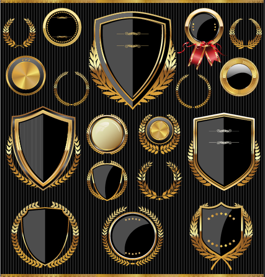 栄光とメダルを持つゴールデンシールズベクトル03 黄金 盾 ローレル メタル   