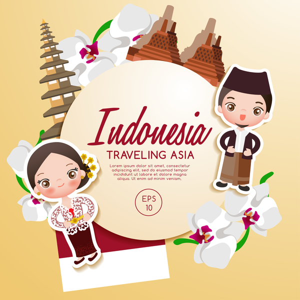 インドネシア旅行漫画テンプレートベクトル 漫画 旅行 インドネシア   