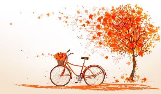 Fond d’automne de nature avec des arbres rouges et vecteur de vélo 01 vélo rouge nature fond automne arbres   
