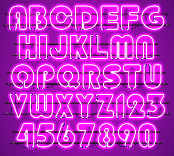 Lila Neonalphabet mit Zahlen Vektor 01 Zahlen neon lila alphabet   