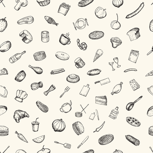 Éléments de cuisine dessinés à la main vecteur seamless pattern sans soudure restaurant dessiné à la main Cuisine   