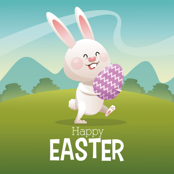 Carte de Pâques heureux avec le vecteur de lapin de dessin animé 09 Pâques Lapin heureux dessin animé carte   