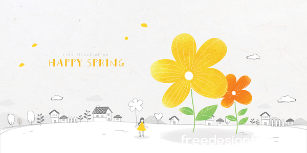 Happy Spring ligne fond illustration vecteur 01 printemps ligne happy   