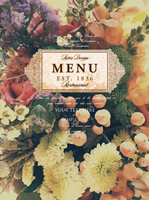 Couverture de menu de restaurant vintage avec fleur brouille fond vecteur 05 vintage restaurant fond fleur couverture   
