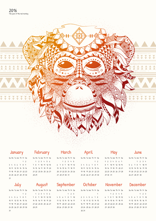 2016カレンダーベクトルと花の猿 花柄 猿 カレンダー 2016   