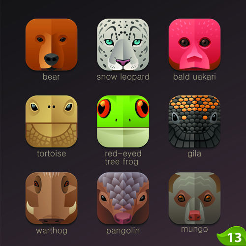 Lustige Tiersymbole Flachstil Vektor 16 icons funny Animal   