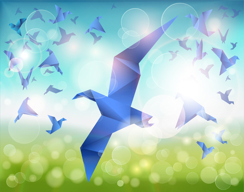 Frühlingshintergrund mit Origami-Vogelvektor Vogel origami Hintergrund Frühling   