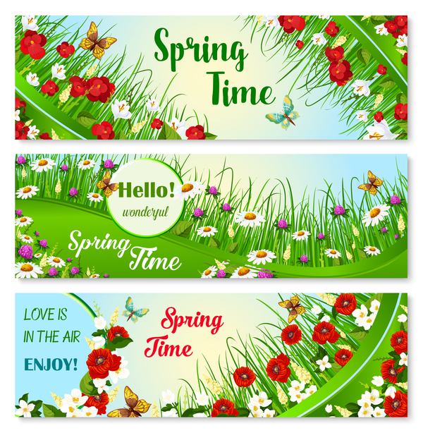 3種類の春の花のバナーベクトル 花 春 バナー   