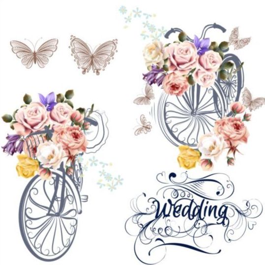 Beaux vélos avec des roses réalistes mariage carte vecteur 01 roses réaliste mariage carte bicyclettes Belle   