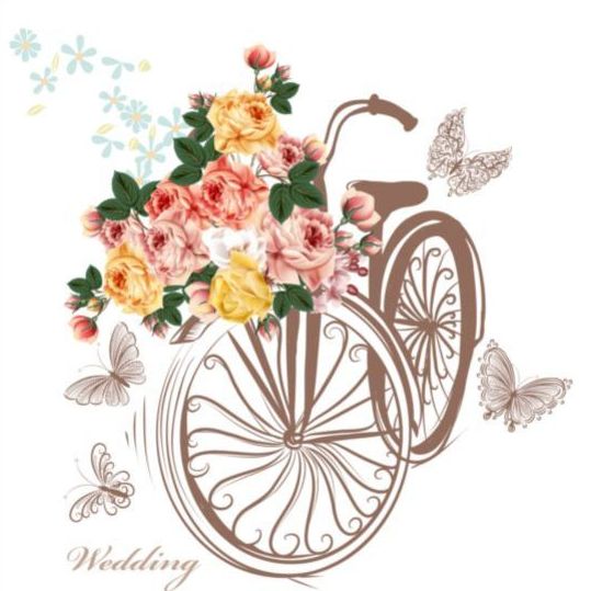 Beaux vélos avec des roses réalistes mariage carte vecteur 02 roses réaliste mariage carte bicyclettes Belle   