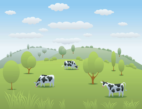 Karikatur Milchkuh und Naturlandschaften Vektor Natürlich Milchkuh Landschaft Kuh cartoon   