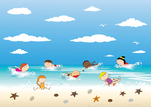 子供とビーチ夏の背景ベクトル08 背景 子供 夏 ビーチ   