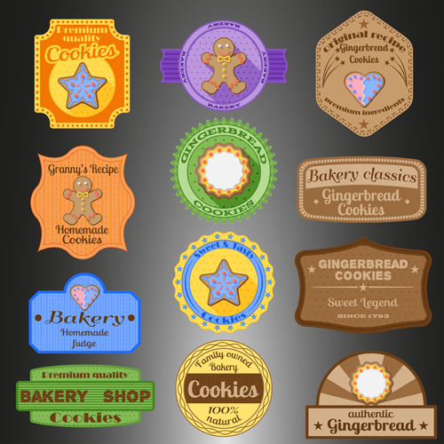 Plätze-Abzeichen mit Etiketten entwerfen Vektoren Etiketten design cookies Abzeichen   
