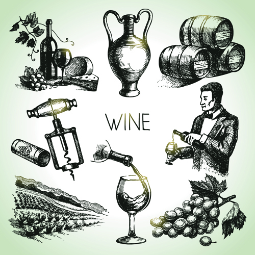 Handgezeichneter Wein-Design Vektorsymbole 02 Wein Ikonen icon Handzeichnung   
