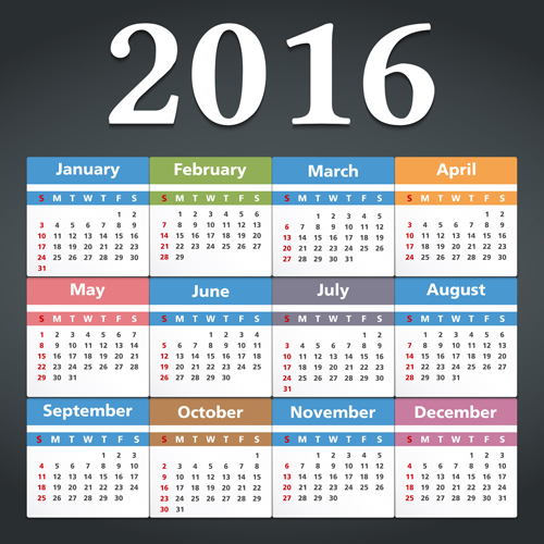 Einfache 2016 Kalender farbigen Vektor 01 Kalender einfach 2016   