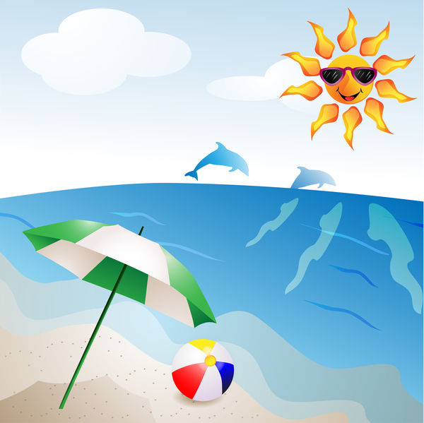 ビーチと漫画太陽ベクトル01と夏の旅行の背景 漫画 旅行 太陽 夏 ビーチ   