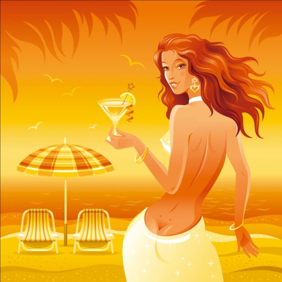 Schönes Mädchen mit Sommer-Strandhintergrund Vektor 03 Strand Sommer Schön Mädchen Hintergrund   