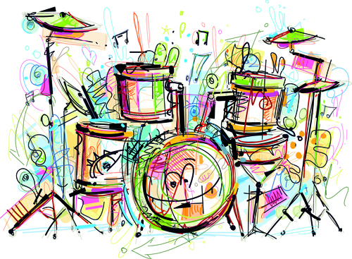 手描き色の楽器ベクトル05 色付き 楽器 手描き ミュージカル   