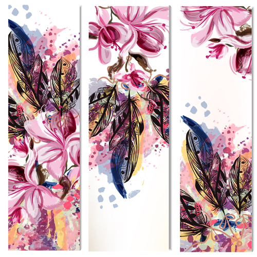 Fleurs de Magnolia dessiné à la main et plumes bannières vecteur plumes main magnolia fleurs dessiné bannières   
