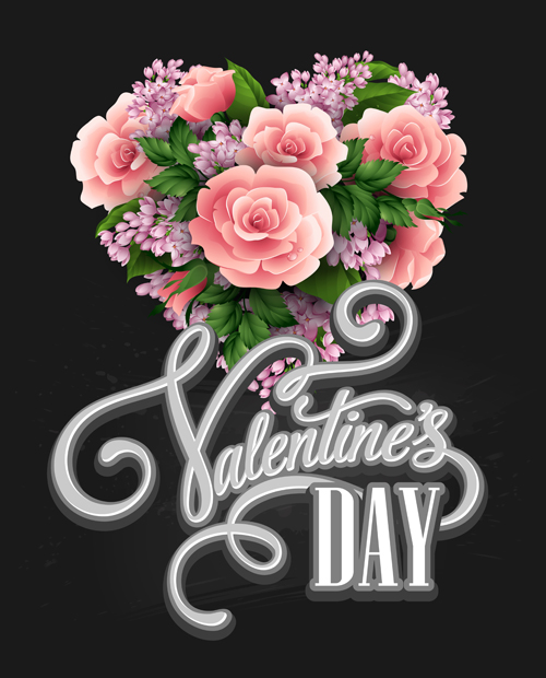 Rosa Blume mit Herz-Valentinstag Karten Vektor 04 Valentine tag pink Karten Herz Blume   