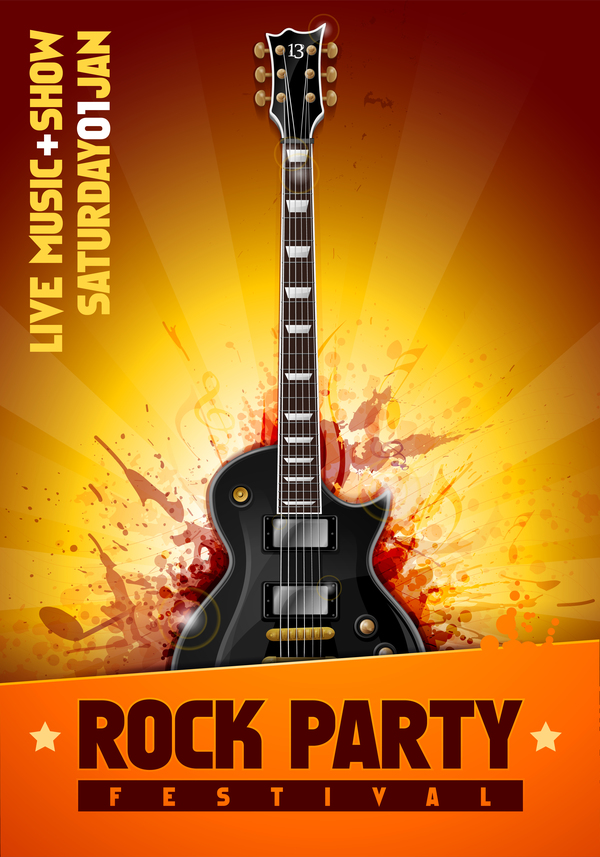 Rock Festival Party-Plakat mit Gitarrenvektor 06 rock poster party Gitarre festival   