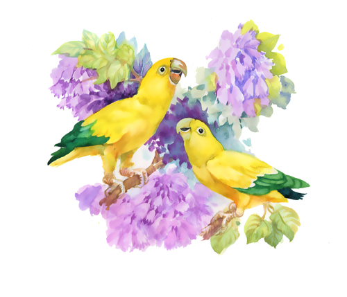 Oiseaux dessinés à l’aquarelle avec des fleurs vecteur design 03 oiseaux fleurs aquarelle   
