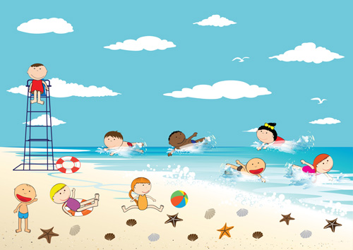 子供とビーチ夏の背景ベクトル06 背景 子供 夏 ビーチ   