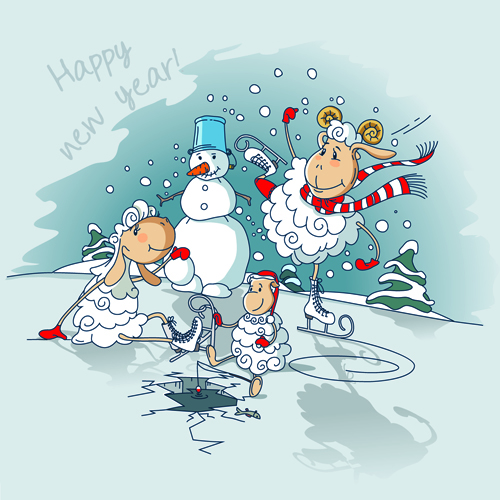 Niedliche Schafe mit Schneemann Neujahrs-Hintergrund snowman Schafe Neujahr Hintergrund cute   