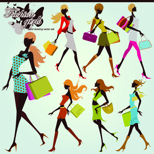 Dessin à la main shopping filles vecteur ensemble 02 tirage à la main shopping filles Fille Dessin   