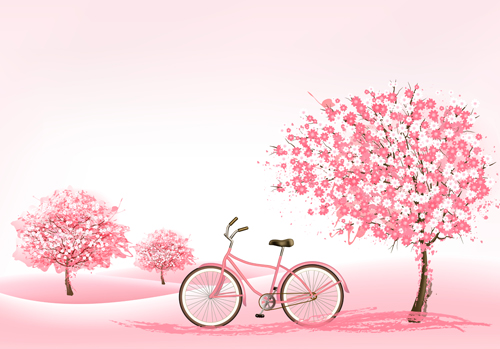 Arbre Rose avec le vecteur de fond de vélo de printemps 01 vélo rose printemps arbre   