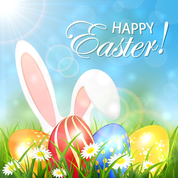 色のイースターエッグとウサギのベクトルと春の背景 色付き 春 卵 ウサギ イースター   