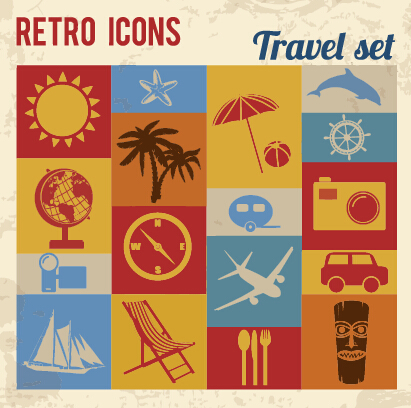 Travel Retro-Icons setzen Vektor 01 Retro-Schrift Reisen icons icon   