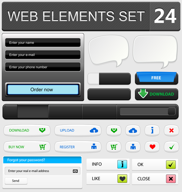 Éléments Web avec jeu de matériaux vectoriels à bouton 17 web elements bouton   