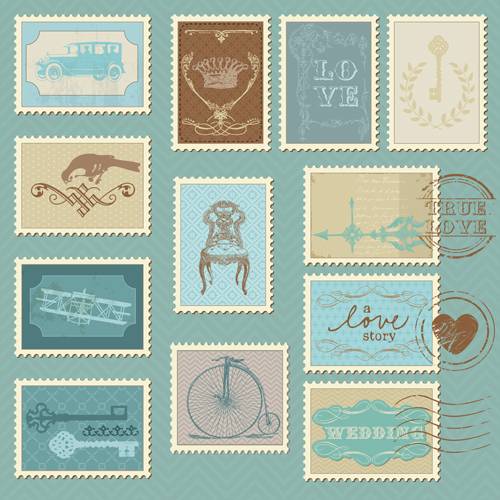 ラブ郵便切手と結婚式ヴィンテージベクター03 郵便切手 結婚式 ビンテージ   