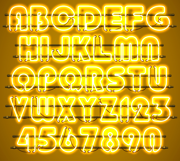 Alphabet jaune de néon avec le vecteur de nombres neon jaune chiffres alphabet   