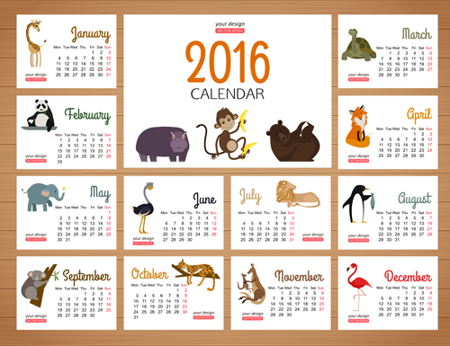 2016 calendriers avec vecteur animal sauvage calendriers animaux 2016   