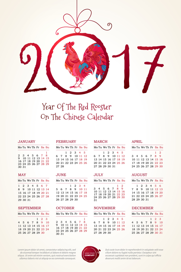 2017 chinesischer Kalender mit rotem Hahn Vektor 03 rot Kalender Hahn Chinesisch 2017   