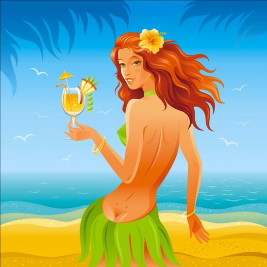 夏のビーチ背景ベクトル01と美しい少女 背景 美しい 女の子 夏 ビーチ   