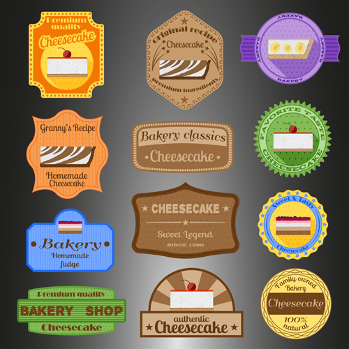 Gâteau au fromage badges avec des étiquettes rétro vecteur police rétro étiquettes cheesecake badges   