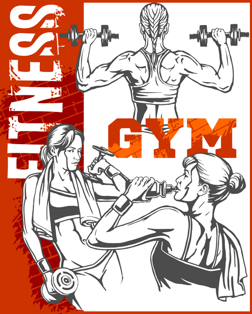 Fitness GYM dessiné à la main affiche vecteur 03 poster main gym fitness dessiné   