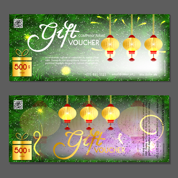 Modèle de chèques-cadeaux de nouvel an avec vecteur de lanterne chinoise 04 neuf lanterne Chinois cadeau bons année   