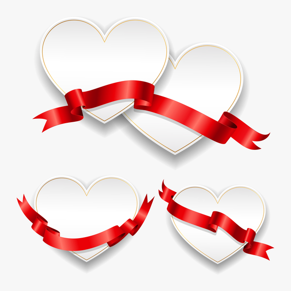 Ruban rouge avec coeur cartes vecteur ensemble 02 ruban rouge coeur cartes   